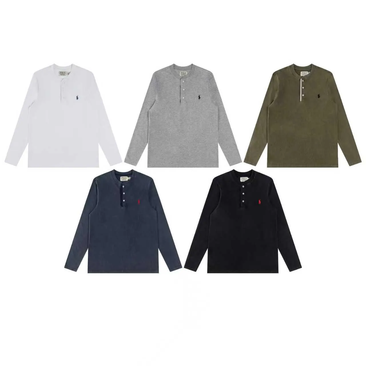 P196 R85 Ralph Lauren five-color washed heavy-duty brushed henley stand-up collar open chest long-sleeved bottoming shirt thin sweatshirt fabric 100% Xinjiang long-staple cotton, imported embroidered logo on the chest custom threaded collar, classic embroidery, the highest version, suitable for business and leisure daily use! 🌘3-button placket, laser logo pearlescent resin buttons, cuffs and hem are double-stitched, different from the currency version. Washed and distressed, sand-washed and stir-fried. Color: White, Black, Navy Blue, Army Green, Gray Size: S M L XL Length: 69/70/72/75 Bust: 102/108/116/124 Shoulder width: 43/45/47/49 Recommended weight: 100-120/120-140/140-160/160-180 pounds